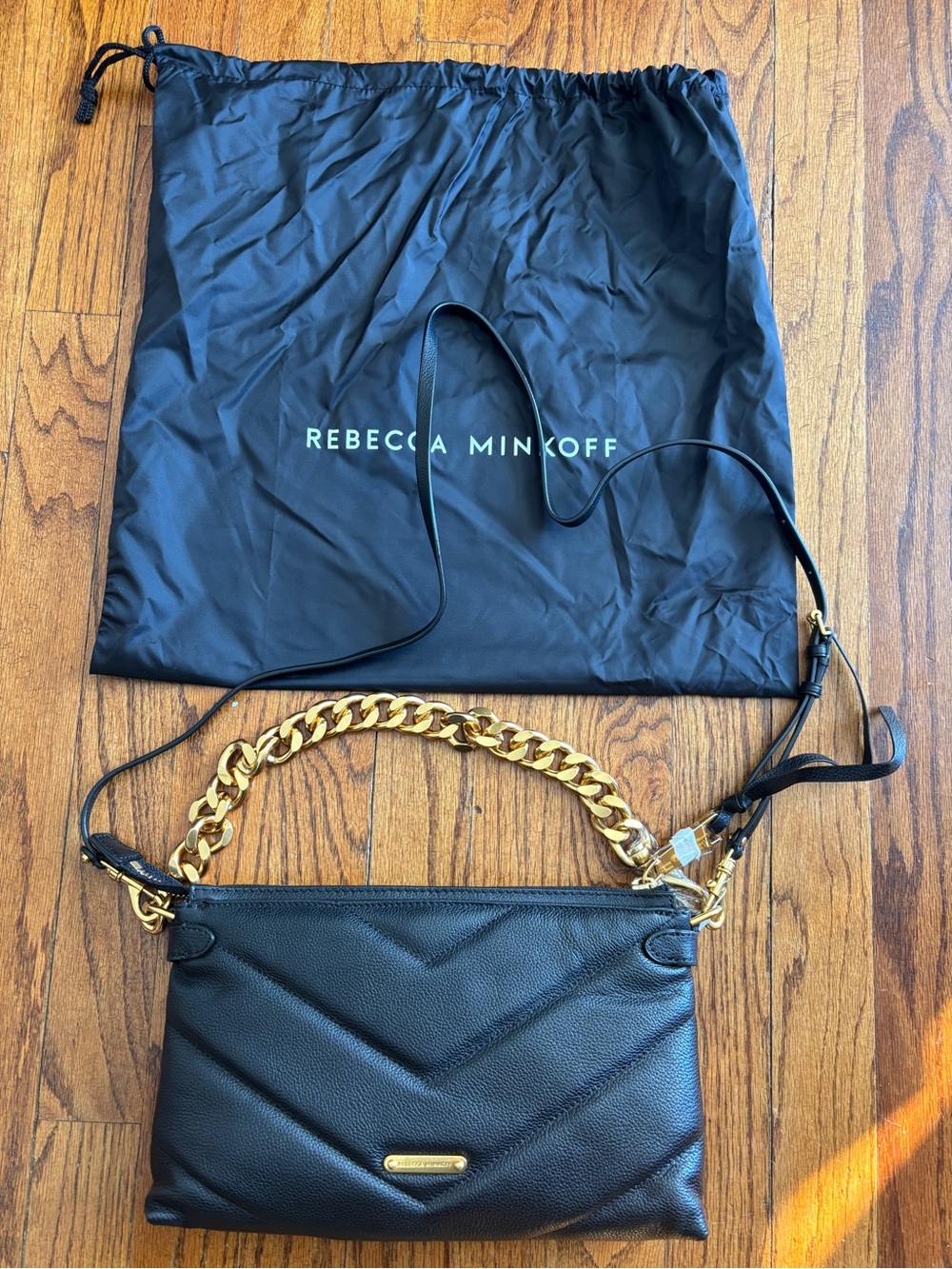 Rebecca Minkoff Black Quilted Leather Shoulder Bag with Gold Chain